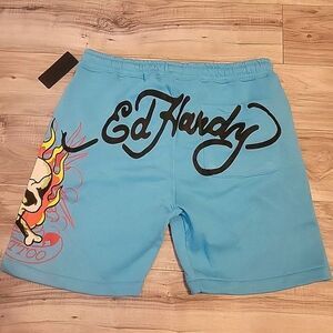 Ed‎ Hardy Sweat Shorts Mens Large Tiger Spell Out Double Sided Y2K Blue NEW